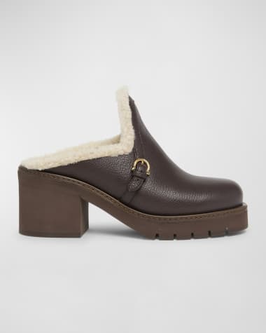 Ferragamo Saura Leather Shearling Buckle Mules
