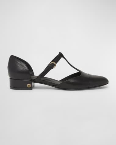 Ferragamo Linette Leather T-Strap Ballerina Flats