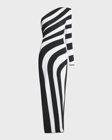 Balmain One-Shoulder Striped Knit Gown with Slit