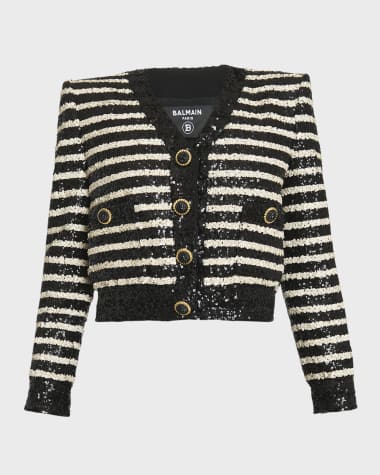 Balmain Striped Sequined Crop Jacket with Button Details