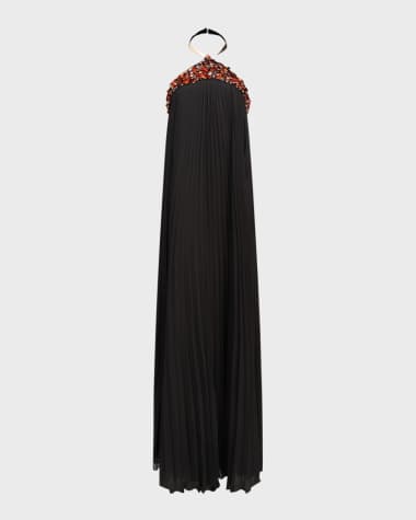 Halston Pythia Pleated Sequin-Embellished Trapeze Gown