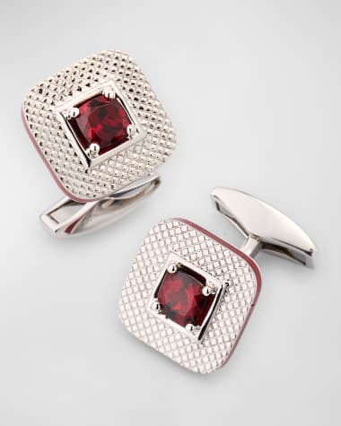 Tateossian Men's Refratto Cufflinks in Rhodium Silver with Red Garnet