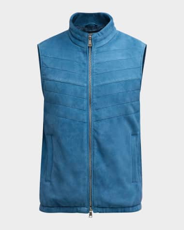 Neiman Marcus Men's Suede Half-Quilted Full-Zip Vest