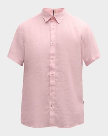 BOSS Men's Solid Linen Short-Sleeve Leisure Shirt