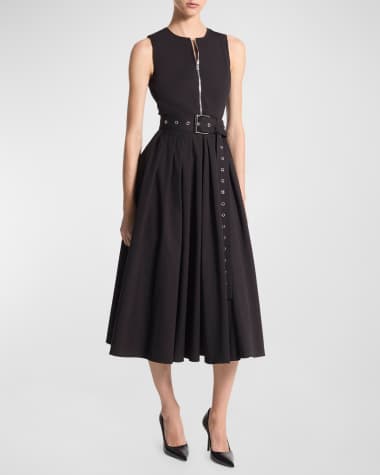 Michael Kors Collection Zip-Up Cotton Poplin Belted Midi Dress