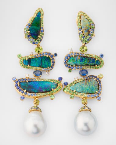 Margot McKinney Jewelry 18K Yellow Gold Totem Earrings with Australian Opals and South Sea Pearls