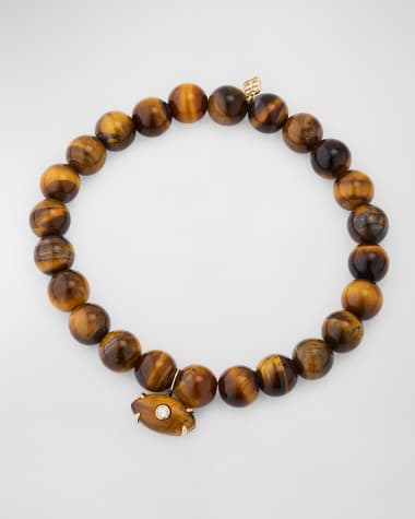Sydney Evan Men's Tigers Eye Beaded Bracelet with Bezel Diamond Evil Eye Charm