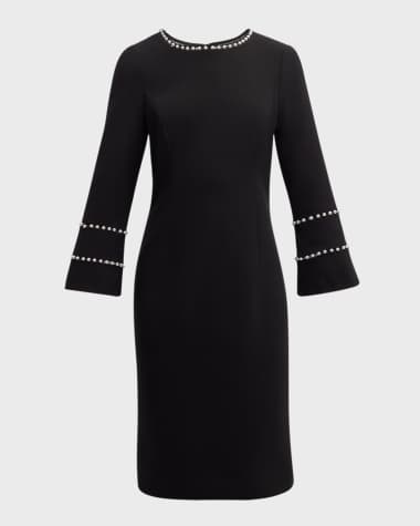 Rickie Freeman for Teri Jon Pearly-Trim Stretch Crepe Dress