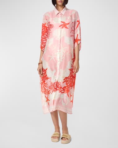 Versace Coral Printed Cotton Silk Voile Maxi Shirtdress Coverup