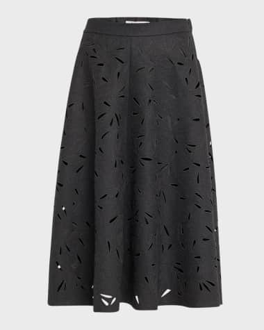 Brunello Cucinelli Flannel Wool A-Line Midi Skirt with Laser-Cut Floral Embroidery