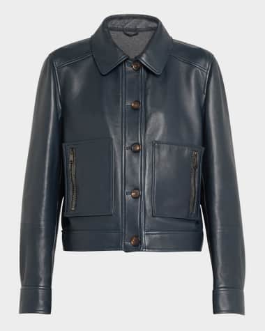Brunello Cucinelli Smooth Glove Leather Crop Jacket With Monili Zip Pockets