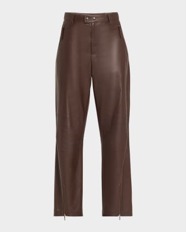 Brunello Cucinelli Smooth Glove Leather Straight-Leg Biker Pants With Monili Loop