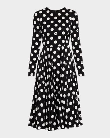 Dolce&Gabbana Logo Polka-Dot Silk Charmeuse Long-Sleeve Midi Dress