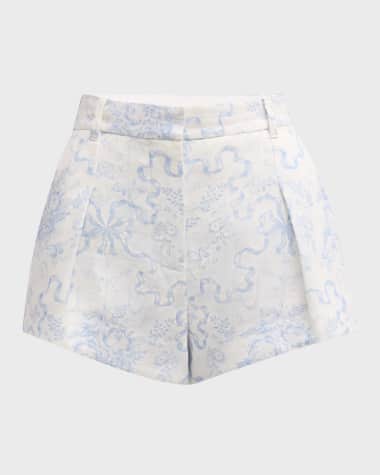 LoveShackFancy Lacette Bow-Print Linen Shorts