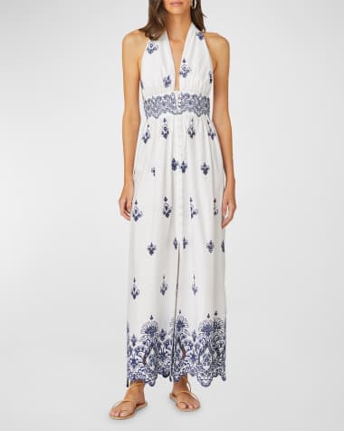 Shoshanna Marguerite Embroidered Halter Maxi Dress