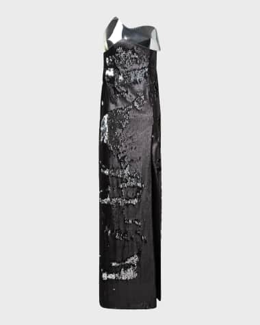 Akris Leather-Wave Strapless Bicolor Sequined Slit Gown