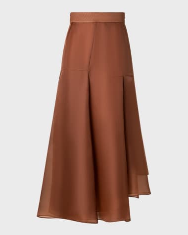 Akris Asymmetric Pleated Silk Organza Flared Midi Skirt