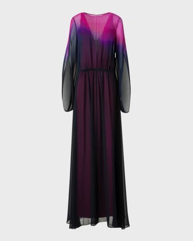 Akris Long-Sleeve Sheer Silk Georgette Gown