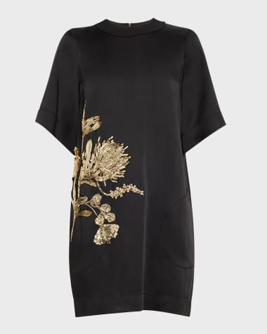 Jason Wu Collection Hammered Satin Mini Shift Dress with Floral Embellished Details