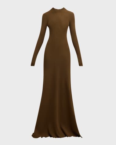 Brandon Maxwell Vanessa Long-Sleeve Rib-Knit A-Line Maxi Dress