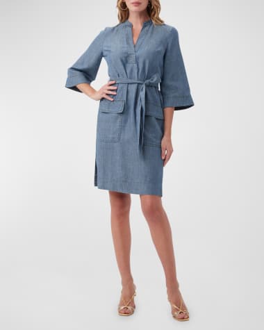 Trina Turk Kahiki Belted 3/4-Sleeve Chambray Dress