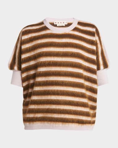 Marni Fuzzy Striped Knit Short-Sleeve Crewneck Sweater