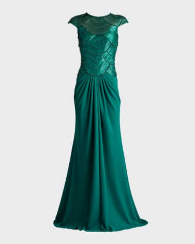 Tadashi Shoji Pleated Bead & Sequin Crepe Gown