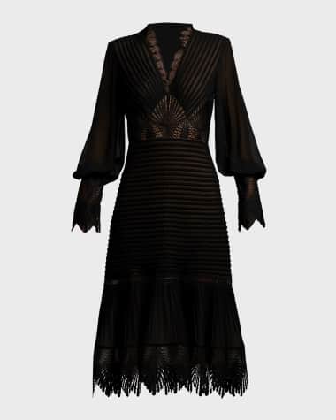 Tadashi Shoji Lace-Inset Pleated Chiffon Midi Dress