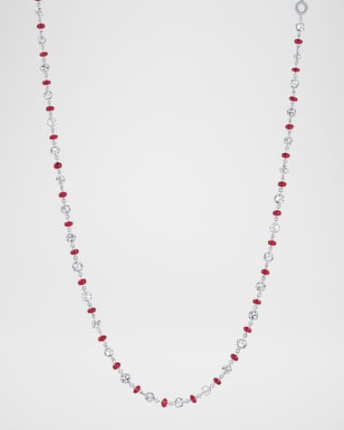 64 Facets 18K White Gold Diamond and Ruby Station Necklace, 16"-18"L, 4.15ctw