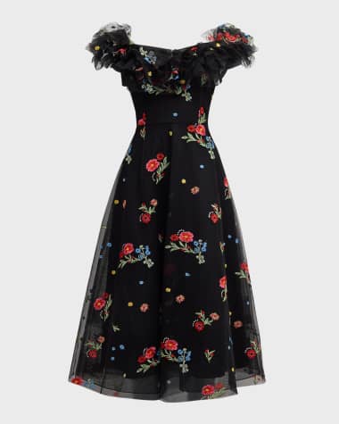 Rickie Freeman for Teri Jon Floral-Embroidered Off-Shoulder Midi Dress