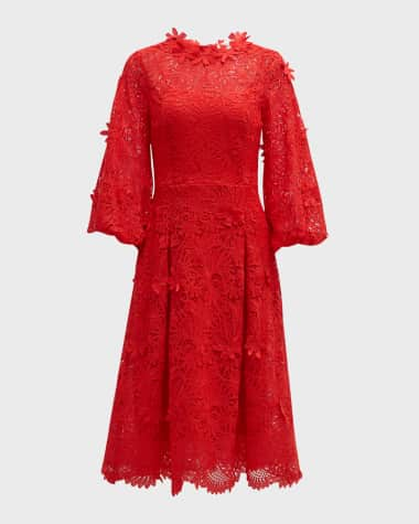 Rickie Freeman for Teri Jon Blouson-Sleeve Floral Lace Midi Dress