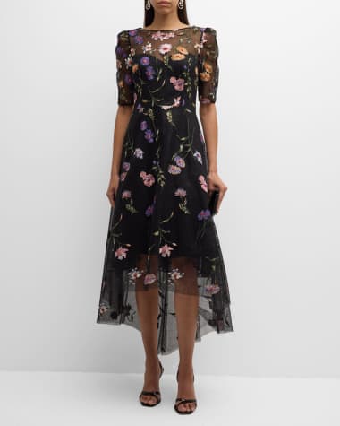 Rickie Freeman for Teri Jon High-Low Floral-Embroidered Tulle Maxi Dress