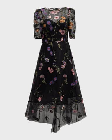 Rickie Freeman for Teri Jon High-Low Floral-Embroidered Tulle Maxi Dress