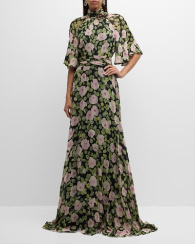 Rickie Freeman for Teri Jon Turtleneck Floral-Print Chiffon Gown