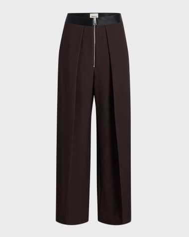 Khaite Marine Pleated Wide-Leg Pants with Zipper Front