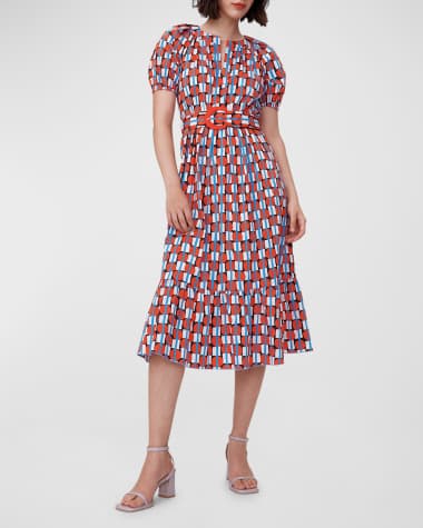 Diane von Furstenberg Lindy Geometric-Print Puff-Sleeve Midi Dress