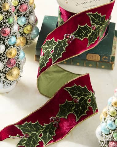 D. Stevens Velvet Holly Jewel Berry Embroidered Ribbon, 4" X 5 Yards