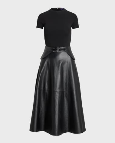 Ralph Lauren Collection Mixed-Media Leather Knit Short-Sleeve Midi Dress