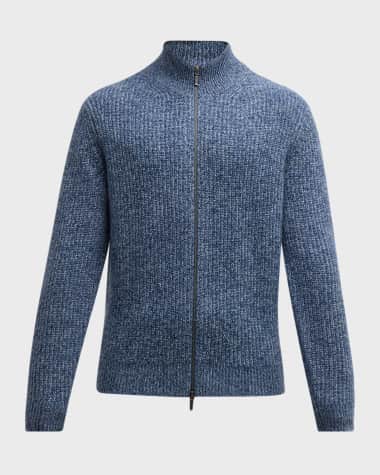 Neiman Marcus Men's Ribbed Melange Cashmere Full-Zip Cardigan