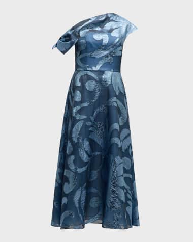 Lela Rose Evelyn One-Shoulder Metallic Brocade Midi Dress