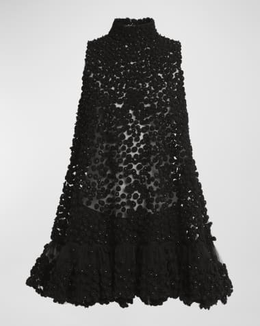 Valentino Garavani High-Neck Rosette Embroidered Sheer Tulle Mini Dress