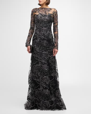 Naeem Khan Metallic Raffia Floral Embroidered Gown