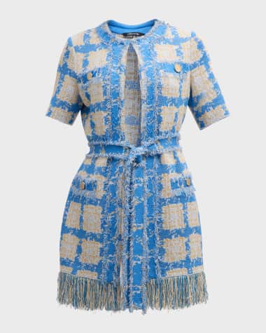 Misook Tailored Windowpane Fringe Tie Jacket