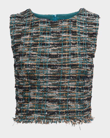 Misook Cropped Fringe-Trim Tweed Knit Tank