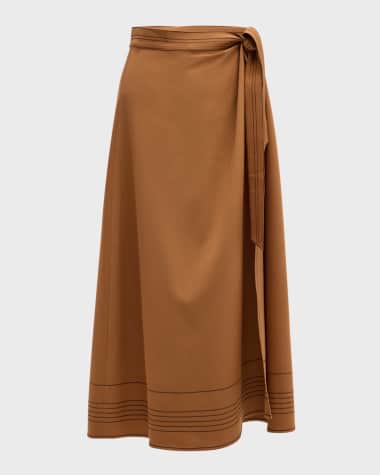 Misook Topstitched Woven Twill Midi Wrap Skirt