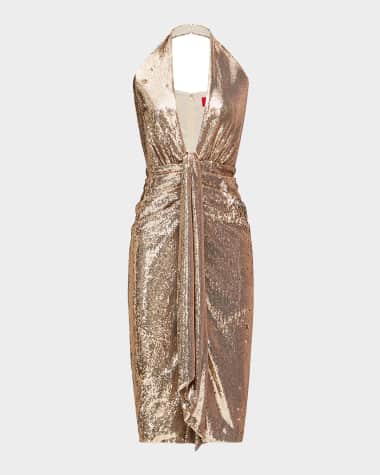 Halston Sya Deep V-Neck Sequin Midi Dress