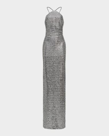 Halston Yeva Crystal Sequin Column Gown