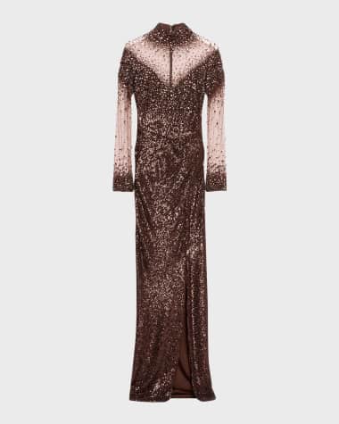 Pamella Roland Illusion Tulle Sequin Gown with Oversized Crystals