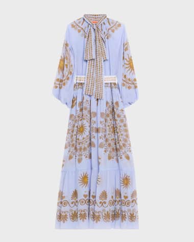 La DoubleJ Athena Placee Embroidered Maxi Dress with Tie Neck