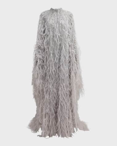 Pamella Roland Feather Beaded Tulle Cape Caftan Gown